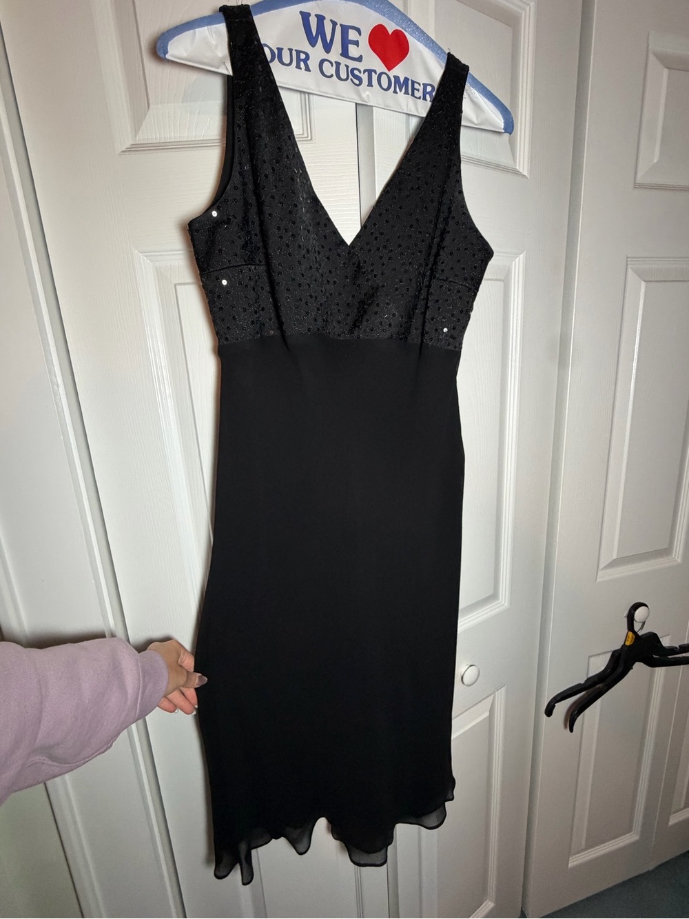 Anne Klein Dress Womens 12 Black 100% Silk Sequin Midi Cocktail Wedding Guest